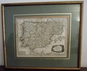 CARTE PENINSULE IBERIQUE ESPAGNE PORTUGAL PAR LE ROUGE 18ème d' EPOQUE COLORIEE