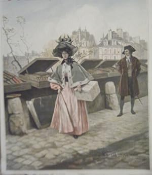 PLANCHE COULEUR TABLEAU DE PIERRE CAIN 19ème HESITATION LES BOUQUINISTES PARIS