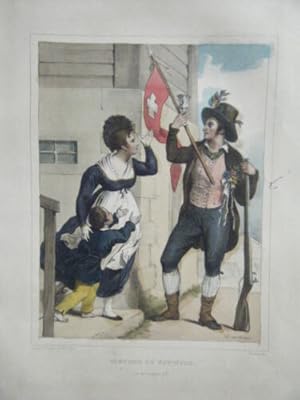 LITHOGRAPHIE GOUACHE GOMME DE DEVERIA 19è COSTUME DE SCHWITZ SUISSE