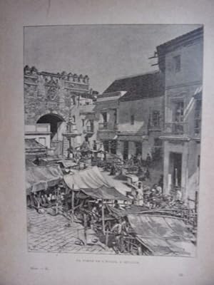 GRAVURE SUR BOIS VERS 1890 PORTE DE L' HUILE A SEVILLE ESPAGNE
