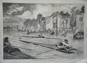 GRAVURE SUR BOIS 19ème COURSES DE PIROGUES SUR LA TAMISE LES JOCKEYS DE RIVIERE