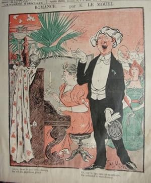 PLANCHE COULEUR 1898 PIANISTE ROMANCE D' APRES DESSIN DE E. LE MOUEL