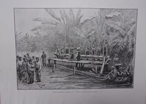 GRAVURE SUR BOIS 19ème INDONESIE FEMMES BATAKS PILANT ET NETTOYANT LE RIZ