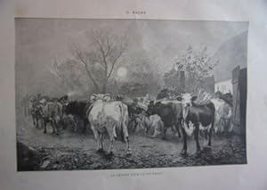 GRAVURE SUR BOIS VERS 1880 D' APRES TABLEAU O. BACHE LE DEPART POUR LE PATURAGE