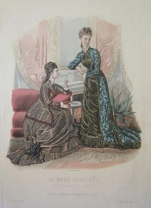 GRAVURE EN COULEUR 19ème MODE ILLUSTREE 1877 N° 51 TOILETTES MADAME FLADRY