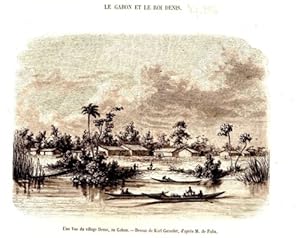 GRAVURE SUR BOIS 19ème VUE DU VILLAGE DE DEMS AU GABON