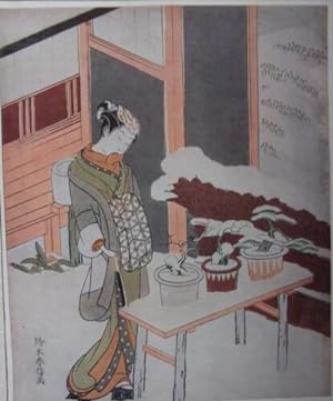 RETIRAGE 1906 D' APRES ESTAMPE JAPONAISE HARUNOBU JEUNE FEMME REGARDANT PLANTES