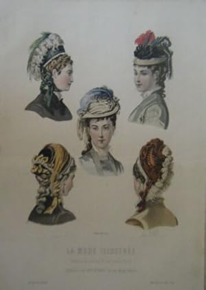 GRAVURE COULEUR 19ème MODE ILLUSTREE 1877 N° 41 CHAPEAUX MADAME AUBERT