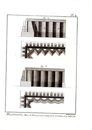 GRAVURE 18ème d' EPOQUE MACONNERIE MURS DE TERRASSES AVEC CONTRE FORTS EN DEDANS