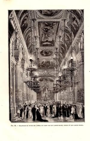 GRAVURE SUR BOIS 19è ECLAIRAGE FOYER OPERA DE PARIS PAR LES LAMPES MAXIM EDISON