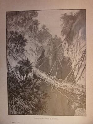 GRAVURE SUR BOIS VERS 1890 PONT DE BAMBOU A BORNEO