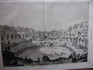 GRAVURE SUR BOIS 19è COURSE TAUREAUX ARENES DE NIMES QUADRILLE EL TATO MAI 1863