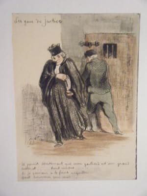 GRAVURE COULEUR DE DAUMIER GENS DE JUSTICE PRISONNIER TIRAGE 20ème