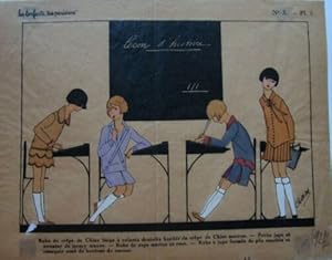 GRAVURE REHAUSSEE AU POCHOIR SUR CALQUE 1927 MODE ROBE DE CREPE DE CHINE BEIGE