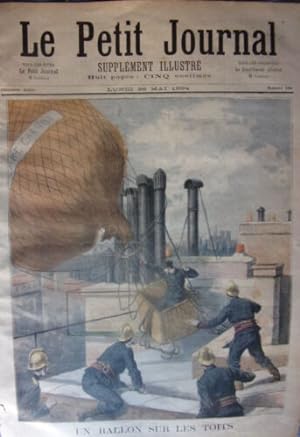 GRAVURE SUR BOIS 1894 PETIT JOURNAL AERONAUTIQUE BALLON SUR LES TOITS POMPIERS
