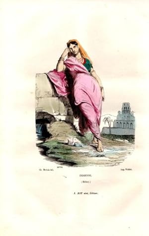 GRAVURE COLORIEE A LA MAIN VERS 1850 VOYAGE DE HEBER INDIENNE