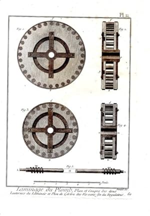 GRAVURE 18ème d' EPOQUE LAMINAGE DU PLOMB PLAN ET COUPES DES DEUX LANTERNES