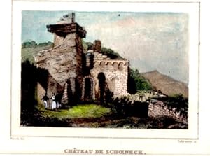 GRAVURE SUR ACIER AQUARELLEE 19ème CHATEAU DE SCHOENECK BAS RHIN