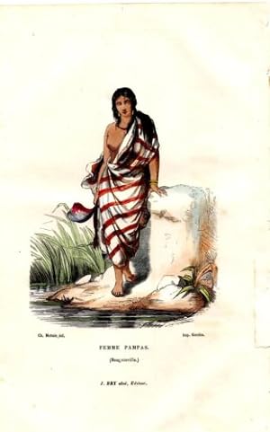 GRAVURE COLORIEE A LA MAIN VERS 1850 FEMME PAMPAS AMERIQUE