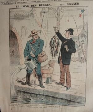 PLANCHE COULEUR DESSIN DE DRANER VERS 1898 LA PECHE LE LONG DES BERGES