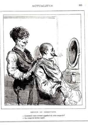 LITHOGRAPHIE DE CHAM 19ème COIFFEUR RETOUR DU RESERVISTE