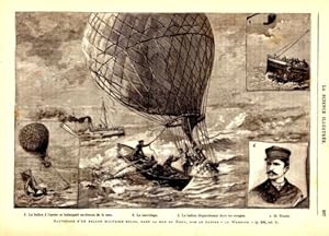 GRAVURE SUR BOIS 19è SAUVETAGE BALLON MILITAIRE BELGE MER DU NORD NAVIRE WARRIOR