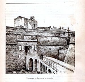 GRAVURE SUR BOIS 19ème PERPIGNAN ENTREE DE LA CITADELLE