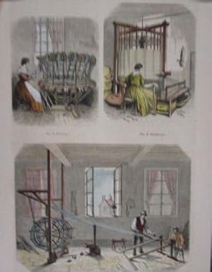 GRAVURE SUR BOIS AQUARELLEE 1855 ATELIER LYON SOIE DEVIDAGE OURDISSAGE PLIAGE