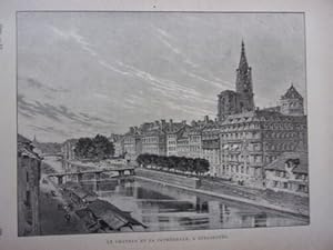 GRAVURE SUR BOIS VERS 1890 CHATEAU ET LA CATHEDRALE STRASBOURG