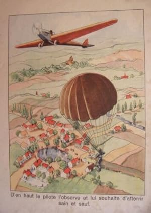 GRAVURE COULEUR DEBUT 20ème AVION ET PARACHUTISTE