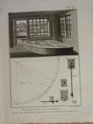 GRAVURE 18ème D' EPOQUE 1778 ASTRONOMIE INSTRUMENTS QUART DE CERCLE MURAL