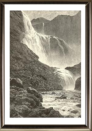 Skj?ggedalsfossen waterfall in the municipality of Eidfjord in Norway,1881 Antique Print