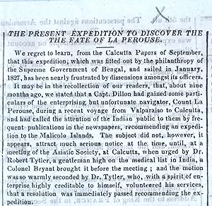 'The Present Expedition to discover the fate of La Perouse.' An article in a complete issue of Th...