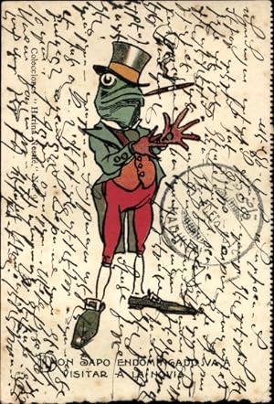 Ansichtskarte / Postkarte Elegant gekleideter Frosch mit Zigarre, Handschuhe, Zylinder