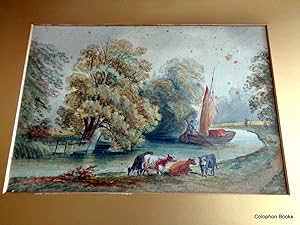 Original Watercolour. River Barge in Landscape with cattle & figures. English Landscape c1900