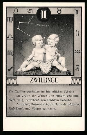 Bild des Verkufers fr Ansichtskarte Sternzeichen Zwillinge, 21. Mai bis 21. Juni, Eigenschaften von Zwillingsmenschen zum Verkauf von Bartko-Reher