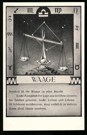 Bild des Verkufers fr Ansichtskarte Sternzeichen Waage, 23. September bis 23. Oktober, Eigenschaften von Waagemenschen im Gedicht zum Verkauf von Bartko-Reher