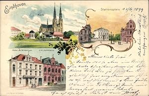 Litho Eindhoven Nordbrabant Niederlande, Kerk, Stationsplein, Hotel de Wildeman - Inh. J. A. Jonk...