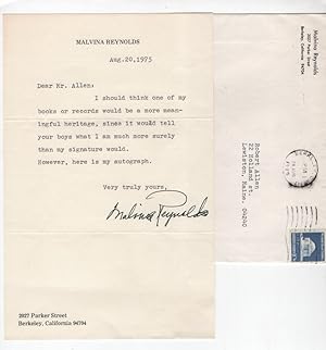 Imagen del vendedor de Autograph Letter Signed from Malvina Reynolds August 20, 1975 a la venta por Ken Sanders Rare Books, ABAA