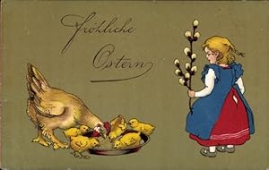 Präge Ansichtskarte / Postkarte Glückwunsch Ostern, Mädchen mit Weidenkätzchen, Henne, Küken