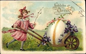 Präge Litho Glückwunsch Ostern, Mädchen, Osterei, Veilchen, Schubkarre, Weidenkätzchen