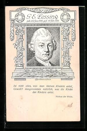 Bild des Verkufers fr Knstler-Ansichtskarte Portrait des Dichters Gotthold Ephraim Lessing, Zitat aus Nathan der Weise zum Verkauf von Bartko-Reher