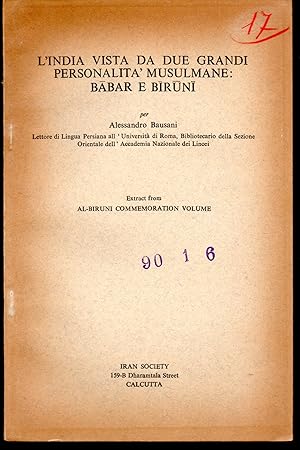 Imagen del vendedor de L'india vista da due grandi personalit musulmane: Babar Biruni Extract from al-Biruni commemoration volume a la venta por Libreria Tara