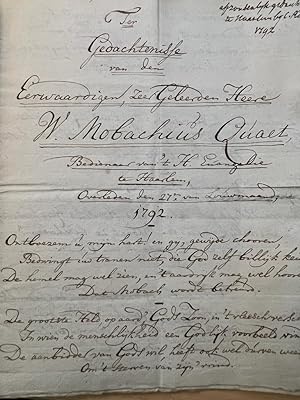 Rare manuscript Haarlem Theology 1792 | Ter gedachtenisse van den Eerwaardigen, zeer geleerden he...