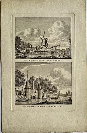 Antieke prent Friesland: De Noorderpoort te Franeker. / De Donjumer Poort te Franeker.