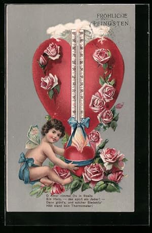 Präge-Ansichtskarte Amor-Elfchen mit Herz vor einem Thermometer, Pfingstgruss