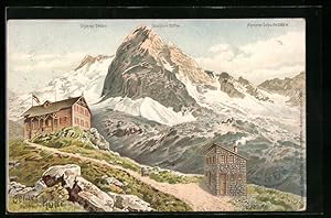 Ansichtskarte Geraer Hütte, Motiv mit Olperer, Fussstein und Alpeiner Scharte