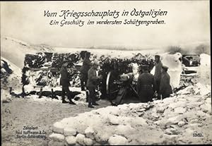 Ansichtskarte / Postkarte Ostgalizien, Deutsche Soldaten, I. WK, Geschütz im vordersten Schützeng...