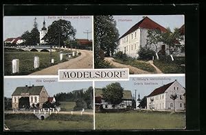 Ansichtskarte Modelsdorf, Villa Quegwer, Warenhandlung Hillwig und Gräns Gasthaus, Ortspartie