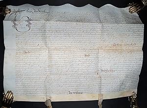 Image du vendeur pour Deed of Feoffment dated 31 July 1649 between (1) William Woodrofe of Bitchfield, Lincs, gent and Edward Wodroffe of Bitchfield son and heir apparent of said William Woodrofe yeoman and (2) Nicholas Parker of Skillington, Lincs, chandler witnesseth that (1) in consideration of 320 paid by (2) has given granted bargained aliened sold and enfeoffed to (2) all that their messuage farm or tenement with appurtenances (Hammar Close only excepted) situate in Skillington in the tenure of William Woodruffe and all those lands thereunto belonging containing six oxgangs with appurtenances all which were purchased by William Woodroffe at two several times namely two parts of three parts of Robert Woodroffe of Denton, Lincs, yeoman, and the third part was afterwards purchased of William Woodroffe of Skillington yeoman, to have and to hold to (2) with usual covenants. Endorsed with livery of seisin witnessed by Valentine Moulton, John Hourst?, John Parkins, John Parkins junior, Richard Parker. mis en vente par Forest Books, ABA-ILAB